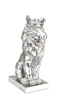 Guardian Prints: silver lion with crown statue on white background, king of the animal