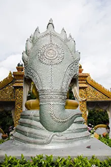 Guardian Prints: Silver statue of cobra with naga heads guarding Buddha at the Buddhist temple Wat Doi Saket in northern Thailand