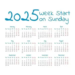 Simple 2025 year calendar, week starts on sunday