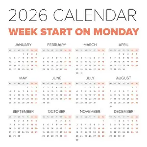 Calender Prints: Simple 2026 year calendar, week starts on Monday
