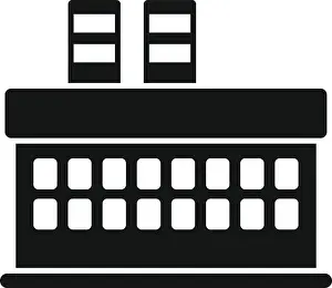 Smokestack Prints: Simple black and white icon of a large industrial factory building facade with two chimneys