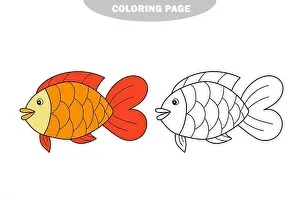 Simple coloring page. Drawing worksheet for preschool kids with easy gaming level - Fish. Color and black and white version