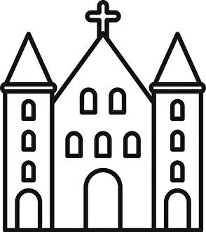 Steeple Prints: Simple line drawing of a church building with a cross, windows, and two large towers