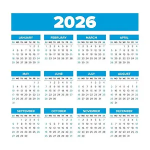 Calender Prints: Simple Vector Calendar 2026. Weeks start on Sunday