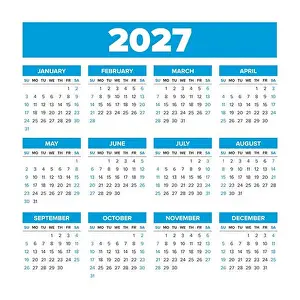 Monthly Prints: Simple Vector Calendar 2027. Weeks start on Sunday