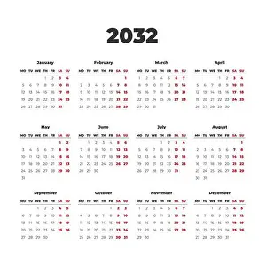 Monday Prints: Simple vector calendar on 2032. Start from Monday