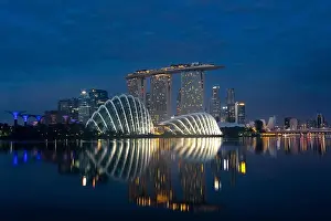 Singapore business district skyline before sunrise at Marina Bay, Singapore