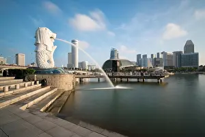 Singapore business district skyline with sunrise in morning at Marina Bay, Singapore