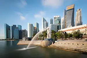 Singapore business district skyline with sunrise in morning at Marina Bay, Singapore