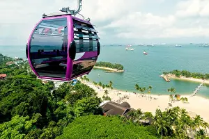 Singapore cable car in Sentosa island with aerial view of Sentosa island in Singapore