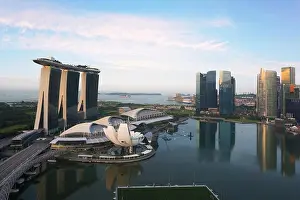 Singapore cityscape at dusk. Landscape of Singapore business building around Marina bay. Modern high building in business district area at twilight