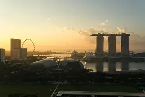 Singapore cityscape at dusk. Landscape of Singapore business building around Marina bay. Modern high building in business district area at twilight