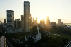 Singapore cityscape at dusk. Landscape of Singapore business building around Marina bay. Modern high building in business district area at sunrise