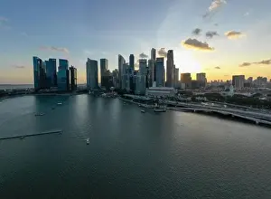 Merlion Prints: SINGAPORE - January 31, 2020: Drone view photo of Singapore downtown center