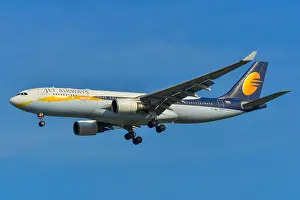 Liner Prints: Singapore - Mar 27, 2019. VT-JWW Jet Airways Airbus A330-200 landing at Changi Airport (SIN)