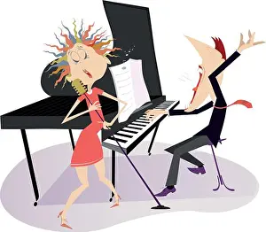 Pianist Prints: Singer woman and a pianist in the concert illustration
