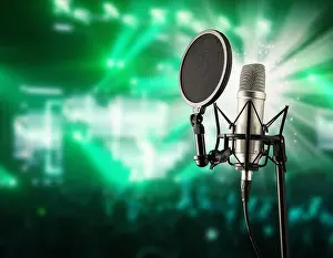 Karaoke Prints: Singing microphone ready for singer, blur crowd of people on background