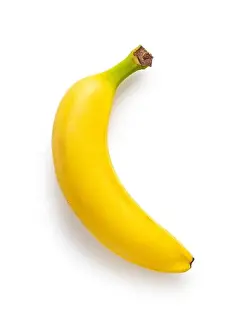 Skin Prints: A single banana on a white background, viewed from above