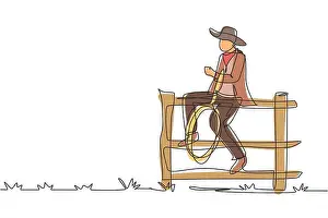 Tied Prints: Single continuous line drawing American cowboy with lasso rope on wild west sunset landscape in the evening