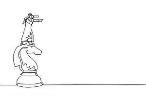 Single continuous line drawing Arabian businessman on top of big horse chess piece using telescope looking for success