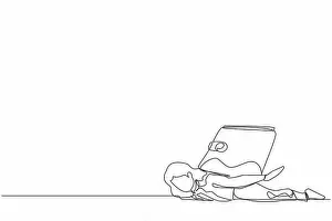 Confusion Prints: Single continuous line drawing unhappy businesswoman under heavy wallet burden