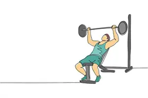 Barbell Prints: Single continuous line drawing of young sportive man training lifting barbell on bench press in sport gymnasium club