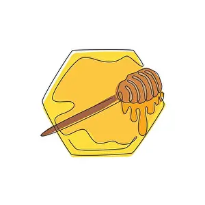 Yellow Vector Vectors Prints: One single line drawing of fresh sweet honey on wooden dipper dripped from honeycomb vector graphic illustration