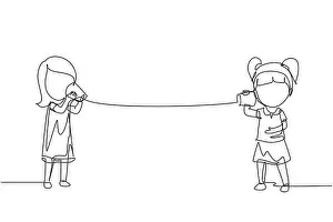 Single Line Prints: Single one line drawing girls speaking by tin can telephone