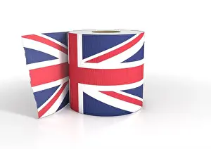 Sanitary Prints: A single roll of toilet paper roll with a print of the union jack flag on it - 3D render