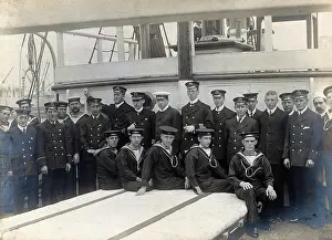Sir Ernest Shackleton's officers and crew on the deck of the Nimrod: expedition to Antarctica, 1907. Photograph, 1907