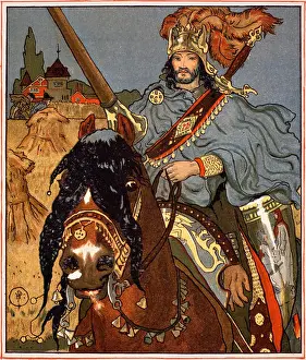Domestic Animals Prints: Sir Lancelot on horseback by Howard Pyle from The Lady of Shalott book by Alfred Tennyson (1853-1911) USA Illinois