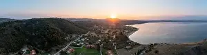 Sithonia Prints: Sithonia Chalkidiki, Greece. Sunrise over calm ocean aerial panoramic view