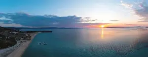 Sithonia Prints: Sithonia Chalkidiki, Greece. Sunrise over calm ocean aerial panoramic view