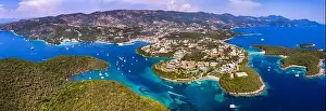 Sivota - stunning aerial view of turquoise sea known as Blue Lagoon and complex of beautiful islands. Epirus, Greece