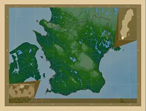 Administrative Division Prints: Skane, county of Sweden. Colored elevation map with lakes and rivers
