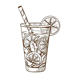 Lemonade Prints: Sketch Drawing of a Lemonade Glass with slices of lemons or limes and ice cubes