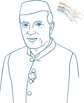 Prime Prints: A sketch of the Indian prime minister Jawaharlal Nehru and flag on the corner on the white background