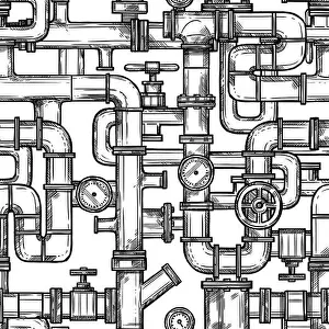Plumber Prints: Sketch monochrome seamless pattern with pipes system doodle vector illustration
