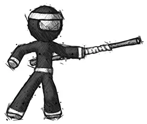 Samurai Prints: Sketch ninja warrior man bo staff pointing right kung fu pose