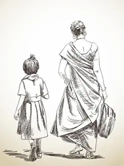 Saree Prints: Sketch of walking mother and daughter from school, Hand drawn illustration