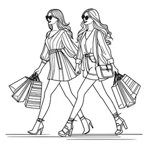 Sketchy line art of two fashionable girls walking with shopping bags