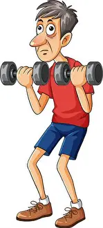 Weightlifting Prints: Skinny cartoon man in red shirt lifting dumbbells