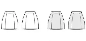 Knee Prints: Skirt six gore mini pencil fullness technical fashion illustration with fitted silhouette