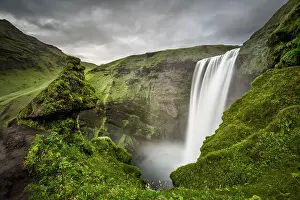 Skogafoss Prints: Skogafoss waterfall in southern Iceland viewed from above. Long exposure