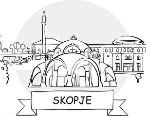 Skopje Cityscape Vector Sign. Line Art Illustration with Ribbon and Title