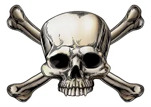 Jolly Prints: Skull and crossbones drawing with skull in the center of the crossed bones