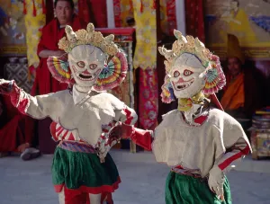 Masks Prints: SKULL MASK DANCERS representing non attachment and used as comic relief TIKSE Monastery Masked Dances LADAKH INDIA