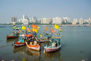Harbors Prints: The skyline of the suburb Churchgate seen across the Back Bay with some fishing boats