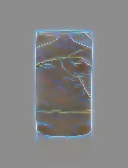 Surrounded Prints: A sleek, cylindrical object with a textured surface adorned with iridescent veins