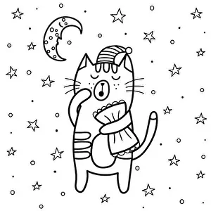 Pyjama Prints: Sleeping cat coloring page. Good night coloring book with moon and stars